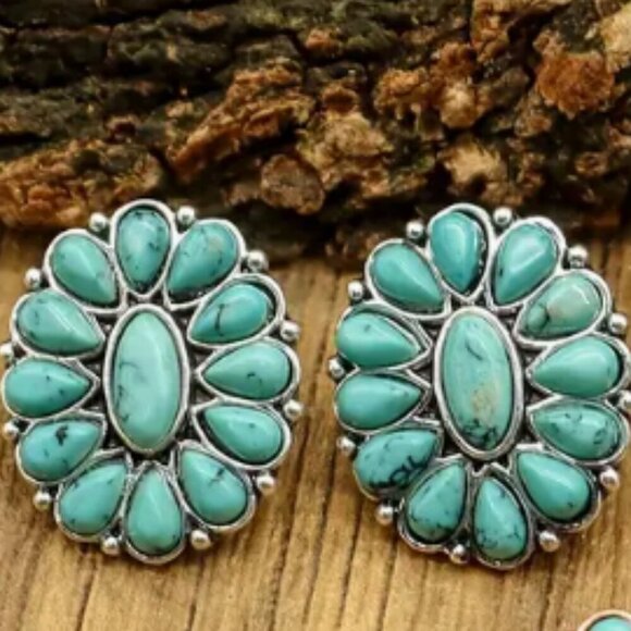 NWTs Turquoise Coloured Howlite Stone Earrings - Silver Plated - Western Style - Picture 2 of 6